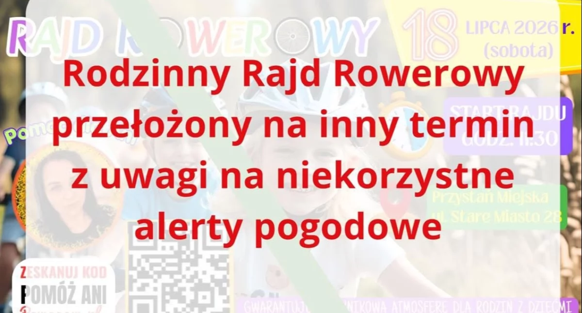 Rodzinny Rajd Rowerowy przełożony z powodu alertów pogodowych