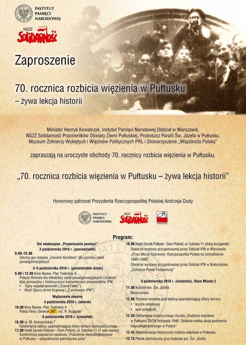 70. rocznica rozbicia więzienia w Pułtusku - żywa lekcja historii
