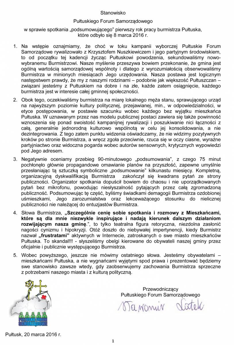 PFS ostro o spotkaniu podsumowującym pracę burmistrza