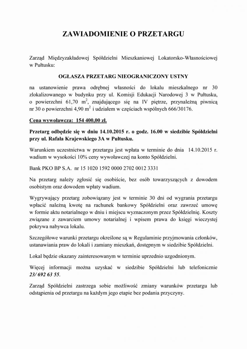 Zawiadomienie o przetargu