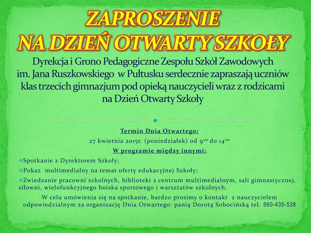 Zaproszenie na Dzień Otwarty Szkoły ZSZ im. J.Ruszkowskiego