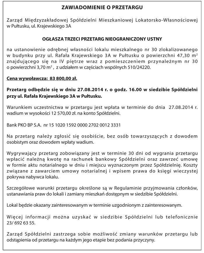 Spółdzielnia ogłasza przetarg 