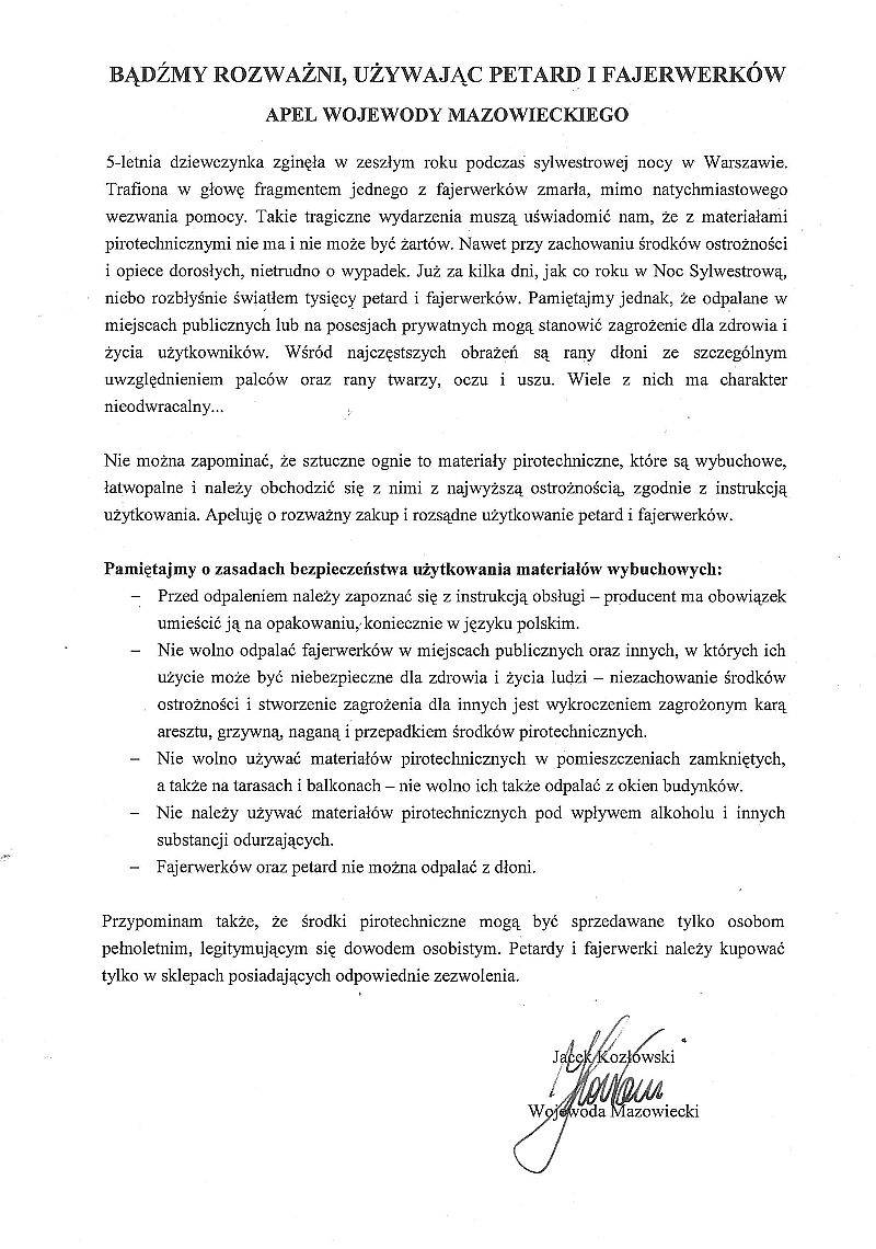 Ostrożnie z fajerwerkami - apel wojewody