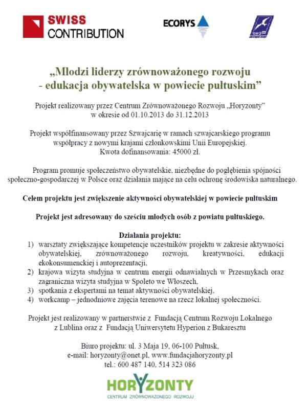 „Młodzi liderzy zrównoważonego rozwoju - edukacja obywatelska w powiecie pułtuskim”