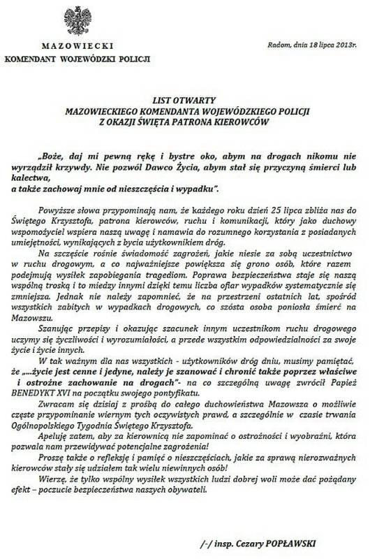 List Mazowieckiego Komendanta Wojewódzkiego Policji