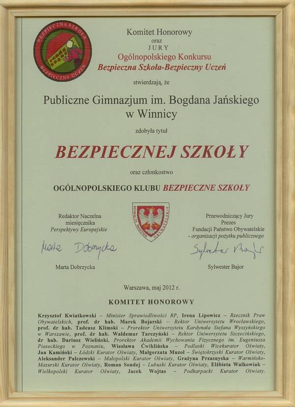 Gimnazjum w Winnicy, bezpieczną szkołą
