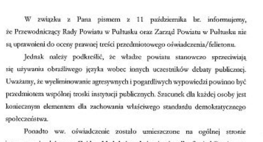 Władze powiatu o artykułach zamieszczanych na stronie Gajda-Med