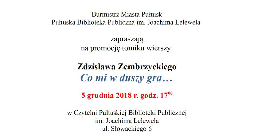 Zaproszenie na promocję tomiku wierszy Zdzisława Zembrzyckiego