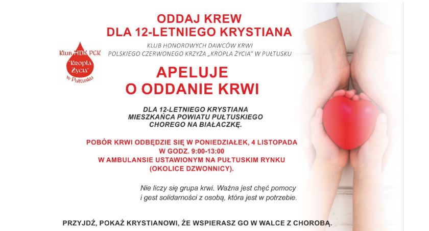 4 listopada oddaj krew dla Krystiana, chorego na białaczkę!