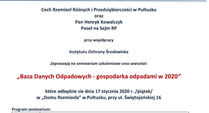 Baza Danych Odpadowych - zaproszenie na seminarium szkoleniowe w Domu Rzemiosła