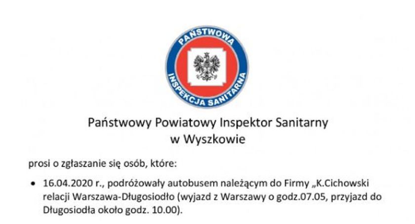 Sanepid w Wyszkowie poszukuje pasażerów autobusu Warszawa – Długosiodło