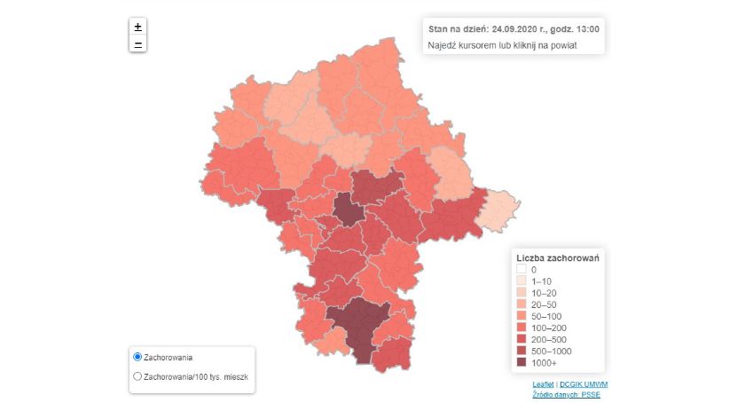 Interaktywna mapa COVID-19 na Mazowszu