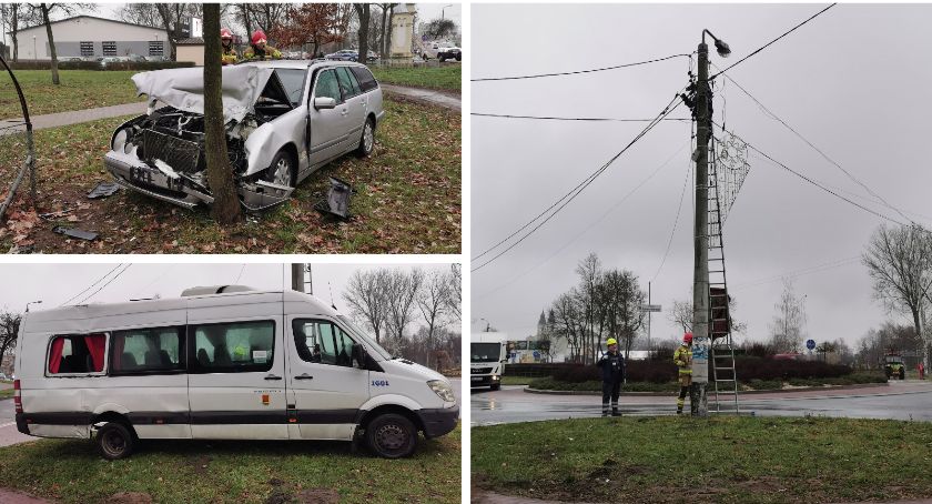 Wypadek na rondzie - Mercedes po zderzeniu z busem uderzył w drzewo