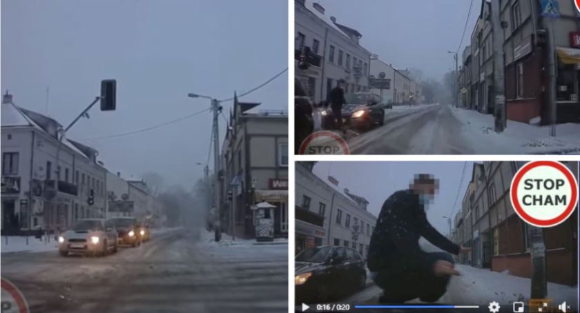 Stop Cham – Pieszy wybiega pod samochód na czerwonym świetle – Video