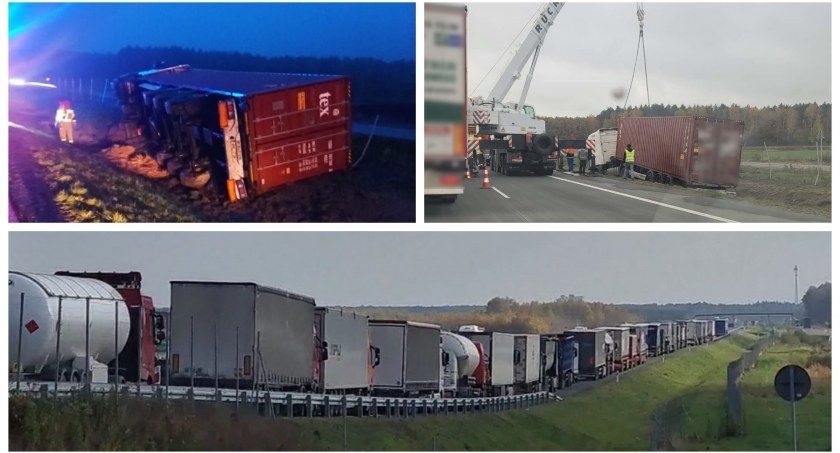 Ciężarowa scania z naczepą przewróciła się na mokrej S17