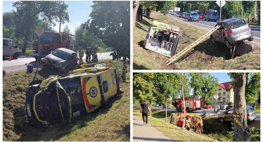 Karetka z poszkodowanymi w wypadku zderzyła się z osobówką – Ambulans znalazł się w rowie