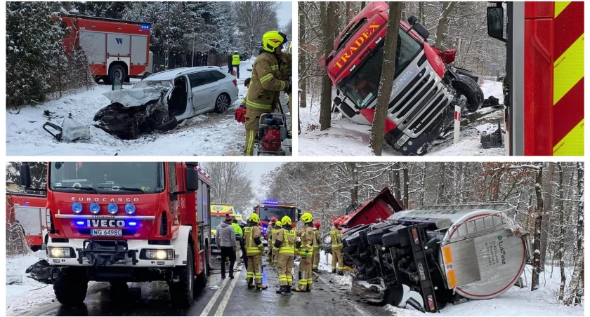 Dwie osoby w szpitalu po czołowym zderzeniu ciężarówki z osobówką 