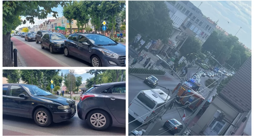 Zderzenie trzech samochodów przy skwerze w centrum miasta