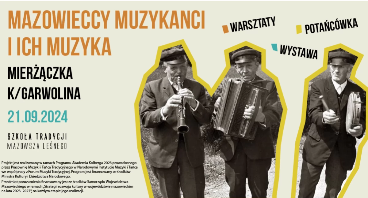 Wiejskie siedlisko z drewnianą stodołą i mazowieccy muzykanci