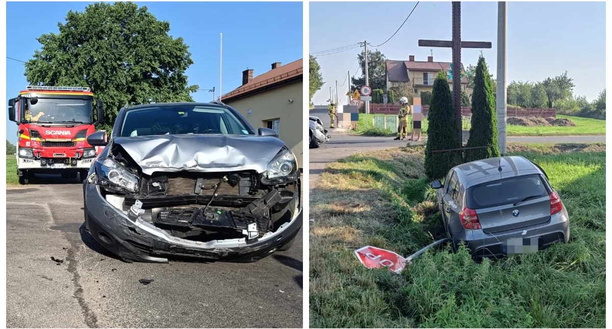 Kolejny wypadek na skrzyżowaniu – BMW ścięło znak STOP i wylądowało w rowie! Mieszkańcy boją się o dzieci