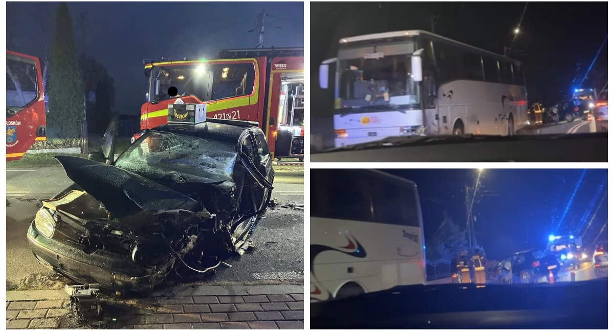 Samochód osobowy zderzył się z autobusem - Video z miejsca wypadku