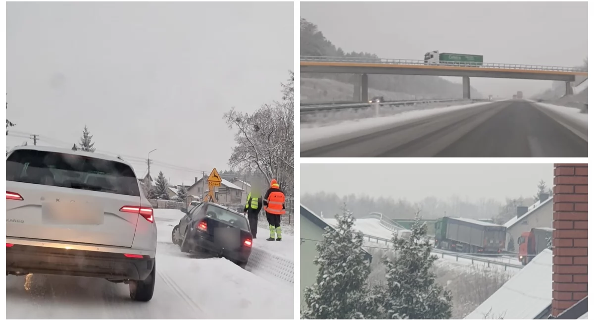 Osobówka w rowie, tiry nie mogą podjechać pod górkę! Kierowcy, uważajcie! Spadł śnieg!