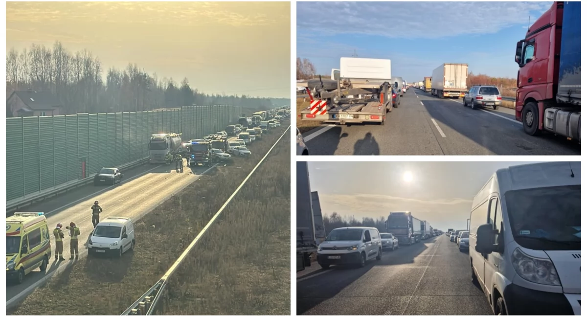 Wypadek na S17 – Ciężarówka z cementem uderzyła w osobówkę, a ta w kolejne auto