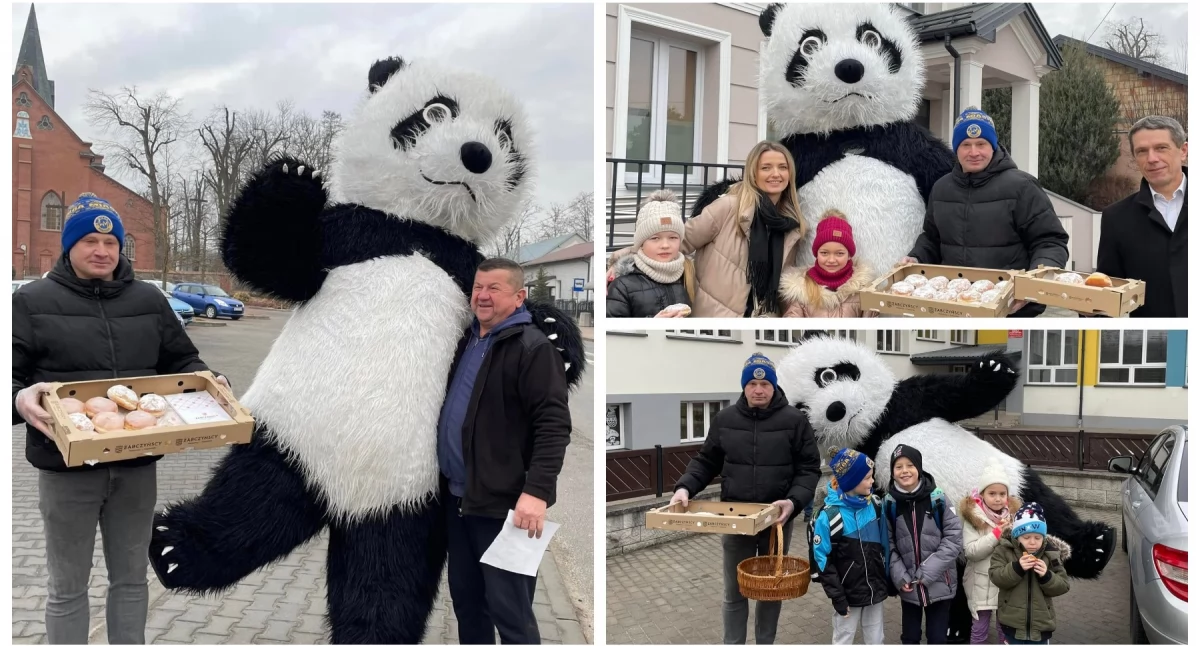 Sołtys, przewodniczący rady i miś panda rozdawali pączki