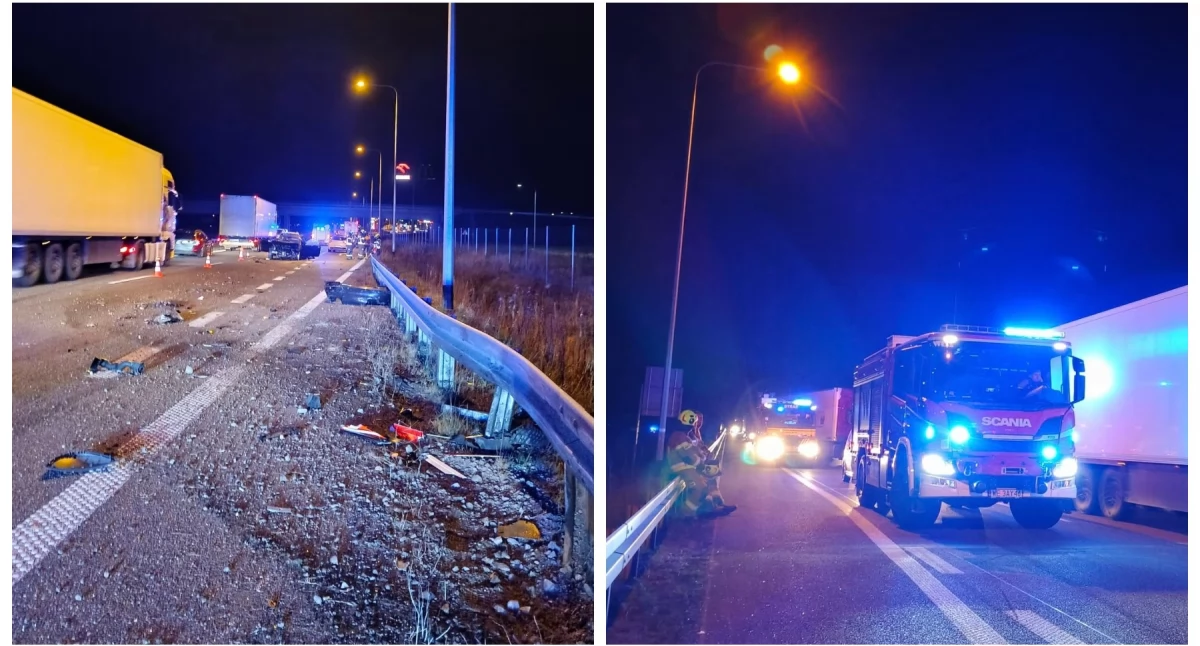 Nocny wypadek na ekspresówce - Zderzenie ciężarówki i dwóch osobówek