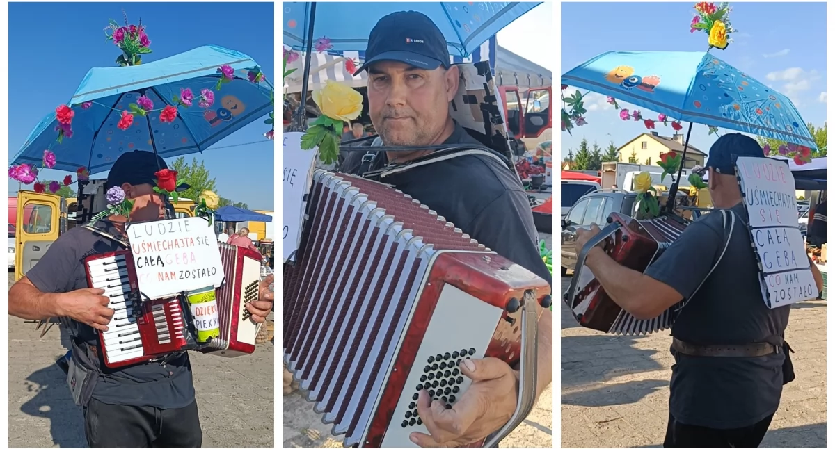 Jeździ po bazarach w całej Polsce! Co grajek uliczny śpiewał i mówił na targowisku w Garwolinie? VIDEO