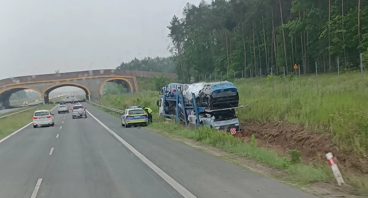 Ciężarówka przewożąca auta w rowie - Ukraiński kierowca zasnął na S17