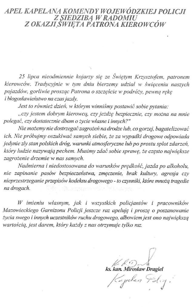 Apel kapelana policjantów z okazji święta patrona kierowców