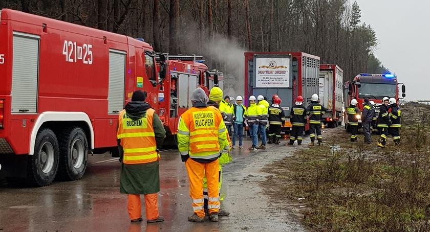 DK17 – pożar opony w naczepie przewożącej świnie – ogromne utrudnienia
