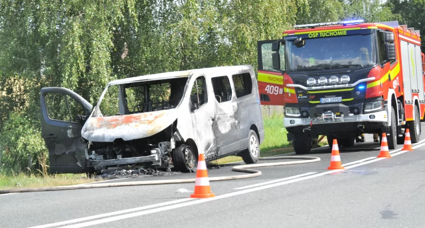 Pożar w Tuchomiu. Dostawczak w płomieniach