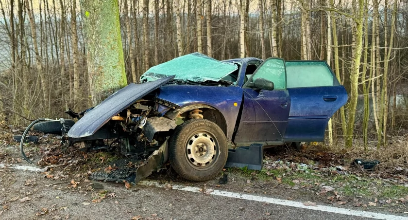 Groźny wypadek na DW 228. Audi uderzyło w drzewo
