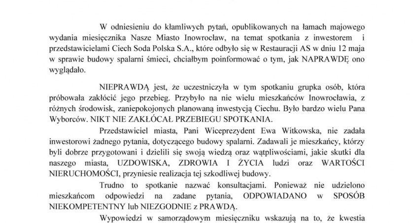 Stowarzyszenie Nie dla spalarni wysłało list do prezydenta Brejzy