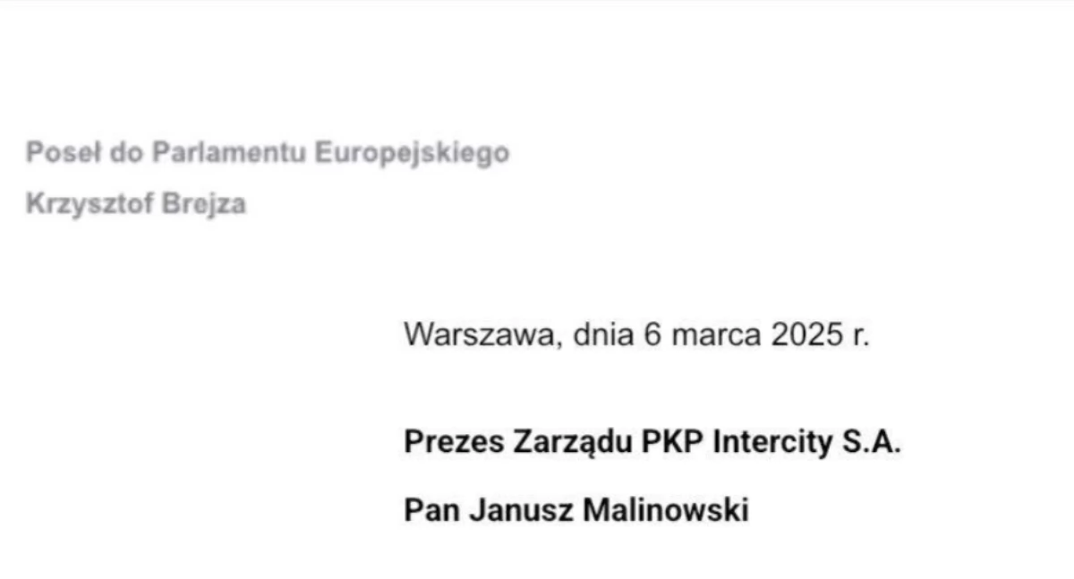 Interwencja Europosła K. Brejzy ws dodatkowych połączeń PKP Intercity Inowrocław - Warszawa