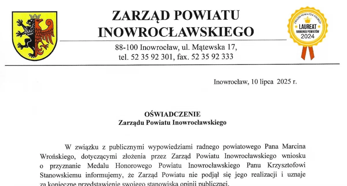 Oświadczenie Zarządu Powiatu Inowrocławskiego