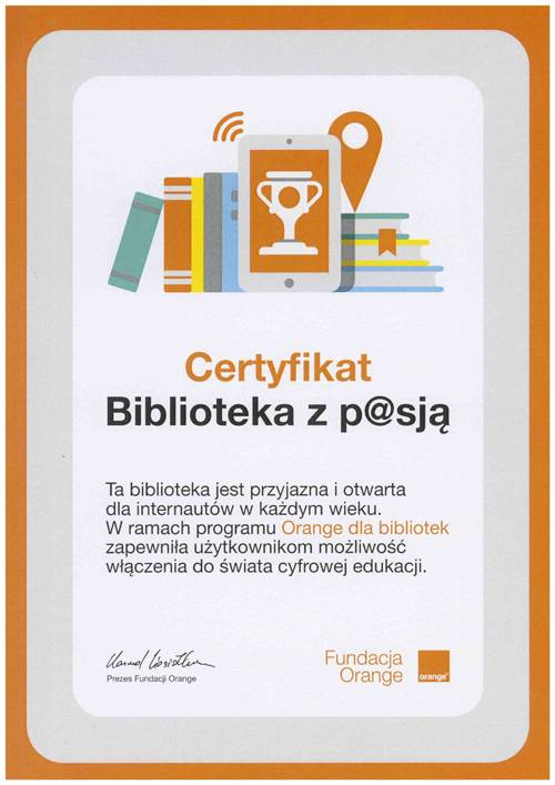 Certyfikat dla Biblioteki Miejskiej