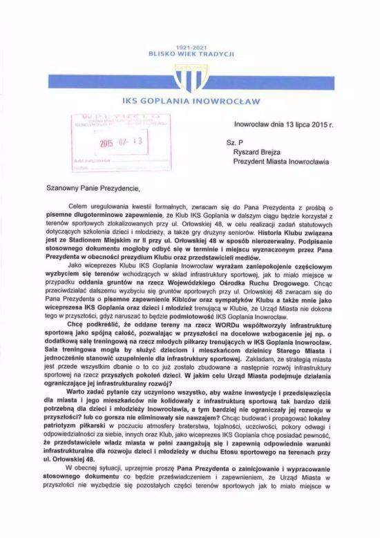 Wiceprezes Goplanii chce gwarancji od prezydenta