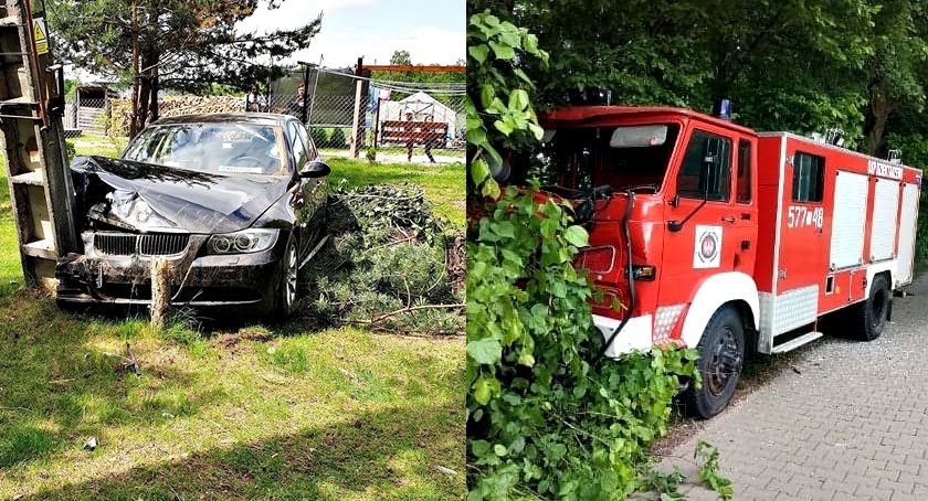 Wypadkowa sobota: bmw w słup oraz zderzenie dwóch wozów strażackich