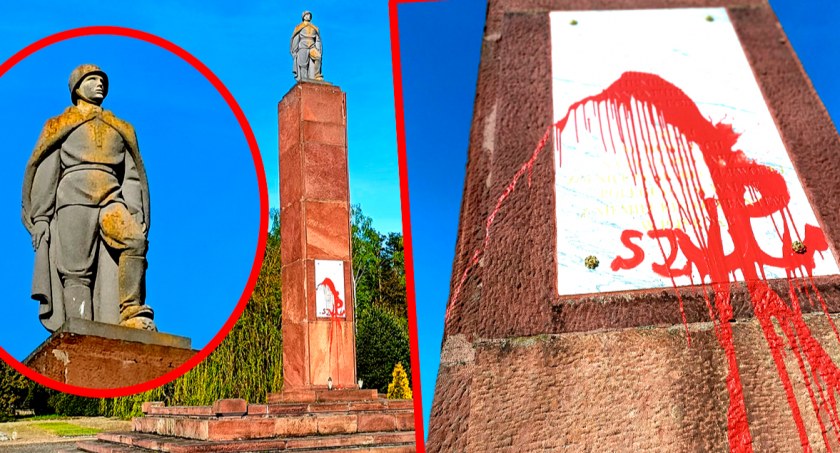 Obelisk radzieckich „oswobodzicieli” w Bolęcinie potraktowany czerwoną farbą