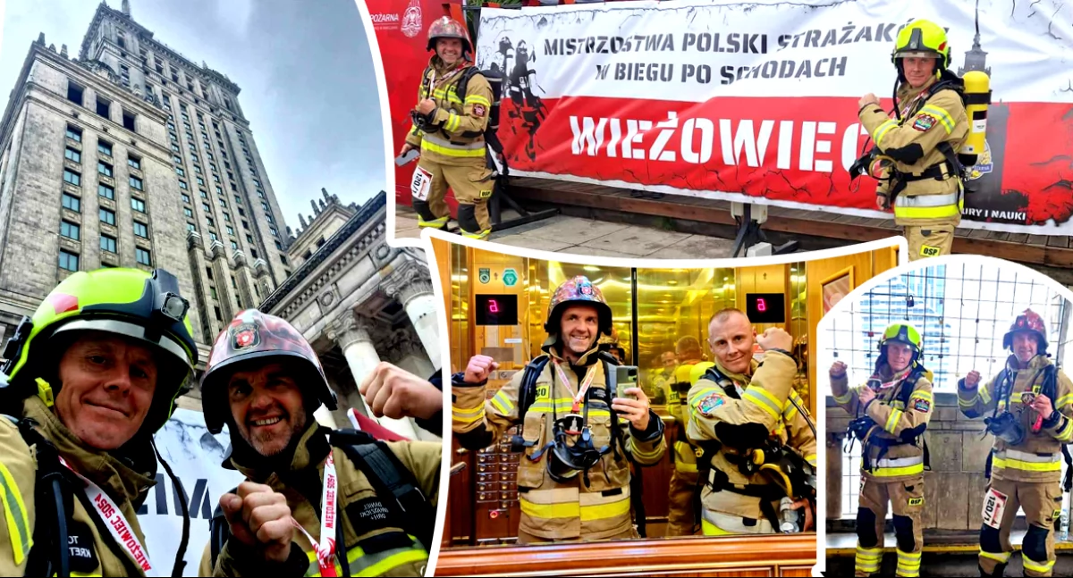 W pełnym rynsztunku zdobyli Pałac Kultury i Nauki - nasi strażacy wysoko w mistrzostwach Polski w biegu po schodach