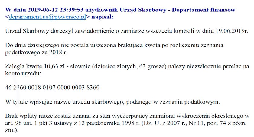 Uwaga na fałszywe maile ze skarbówki