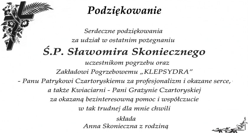 Anna Skonieczna dziękuje uczestnikom pogrzebu i Zakładowi Pogrzebowemu „KLEPSYDRA”