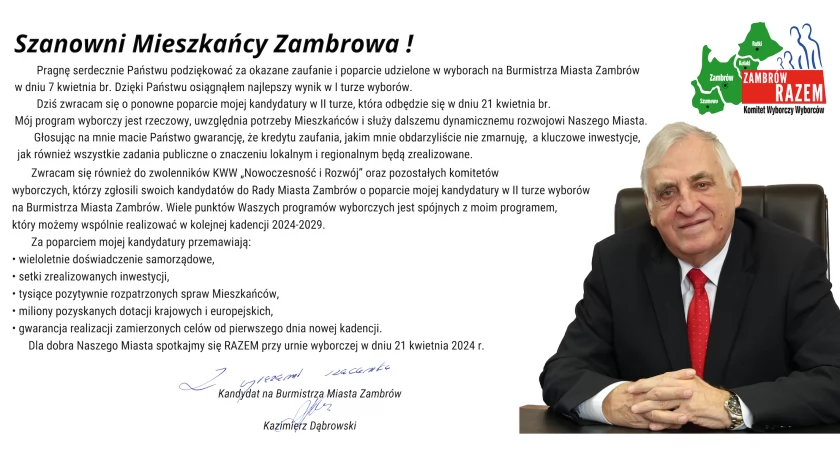 Kazimierz Dąbrowski dziękuje za okazane zaufanie i poparcie w wyborach samorządowych