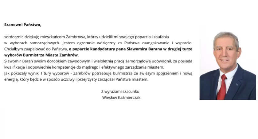 Wiesław Kaźmierczak dziękuje za zaufanie i apeluje o poparcie kandydatury Sławomira Barana w drugiej turze wyborów Burmistrza Miasta Zambrów