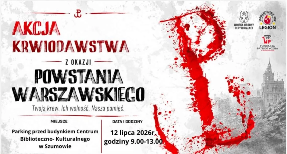 Krwiobus przyjedzie do Szumowa. Będzie można oddać krew, upamiętniając bohaterów powstania warszawskiego