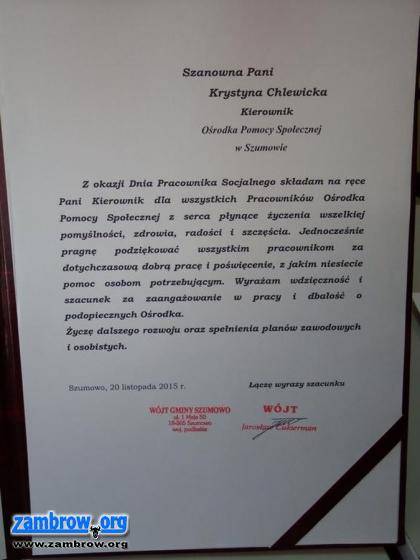 Ośrodek Pomocy Społecznej w Szumowie również wyróżniony przez Wojewodę Podlaskiego