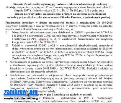 Przetarg na sprzedaż nieruchomości zabudowanej - kotłownia po PPB Zamtex S. A. w Zambrowie